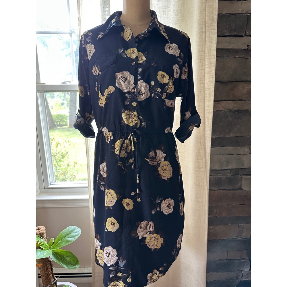 Speed Control NY Navy Blue Yellow Floral Button Down Shirt Dress XL Roll Tab